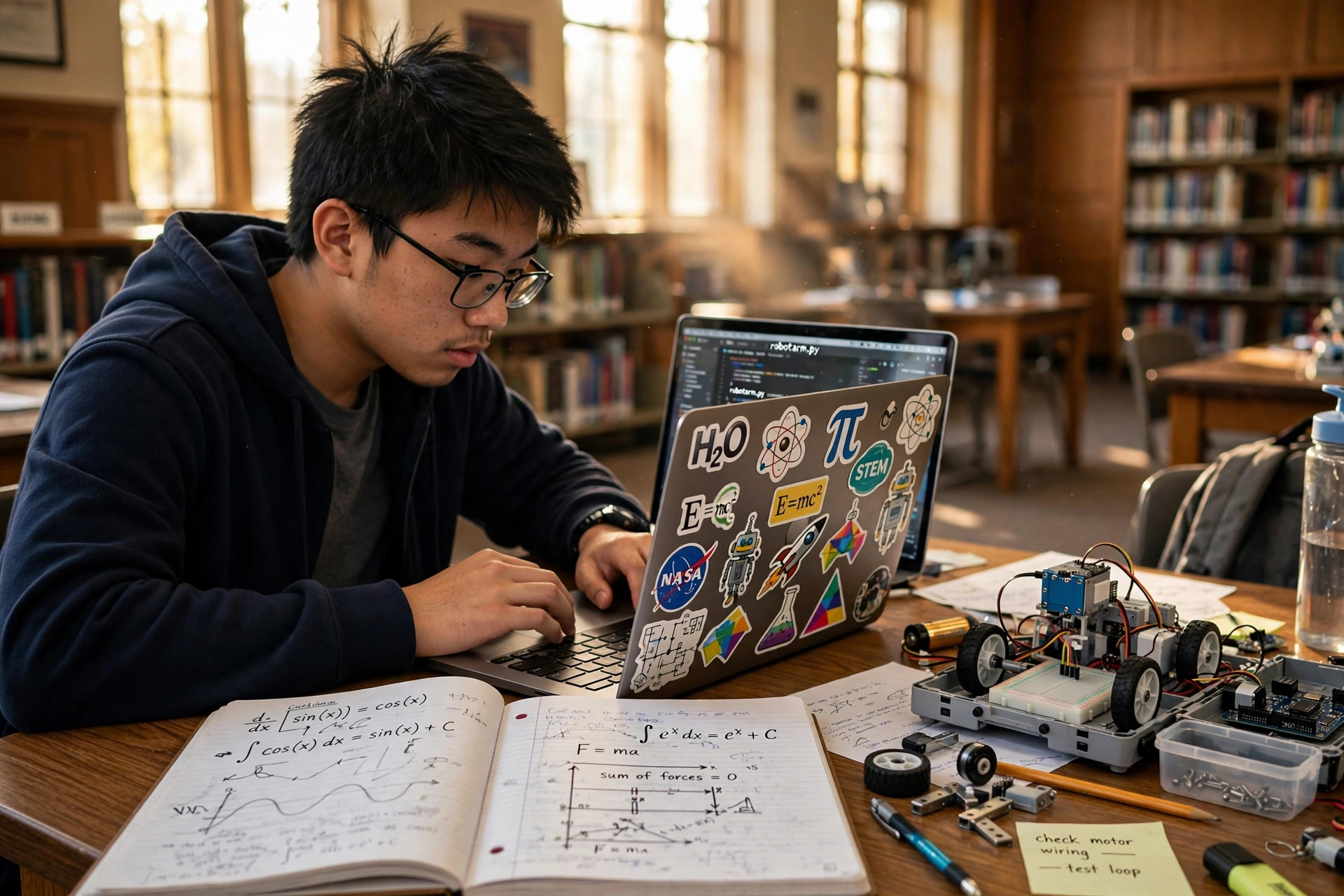 John Doe studying with laptop and robotics kit in the school library