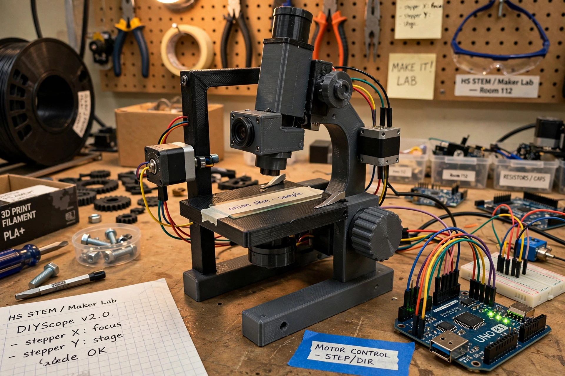 DIY motorized microscope built from 3D-printed parts and Arduino