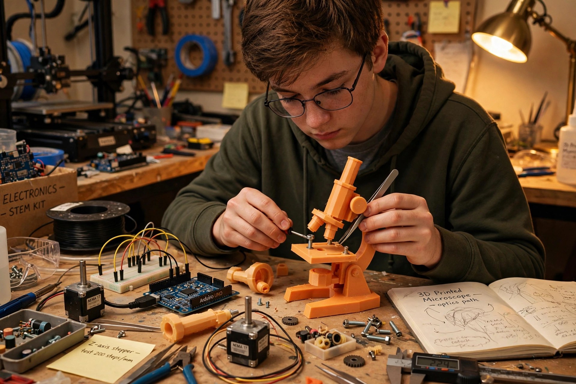 John Doe assembling his 3D-printed motorized microscope