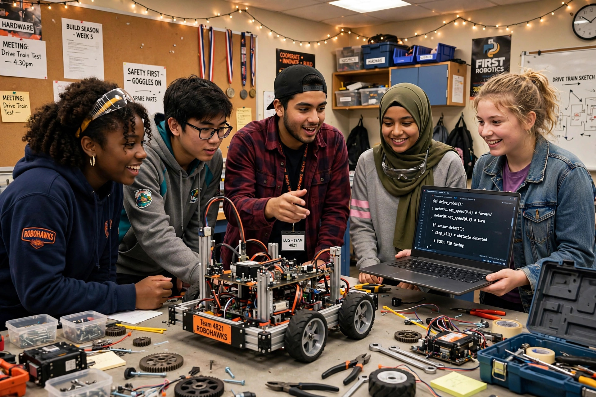 High school robotics club team working on their competition robot