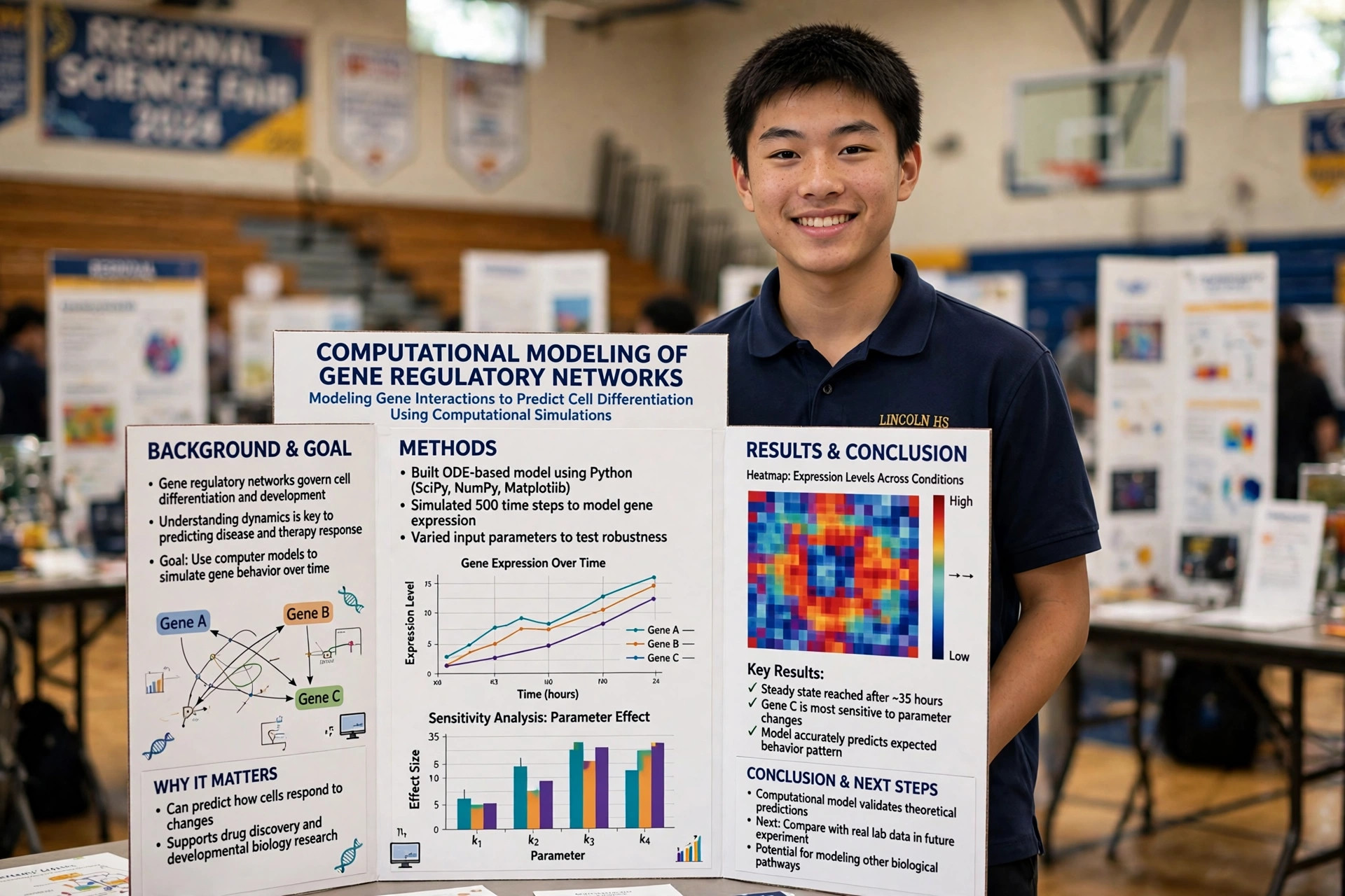 John Doe presenting his research poster at a science fair