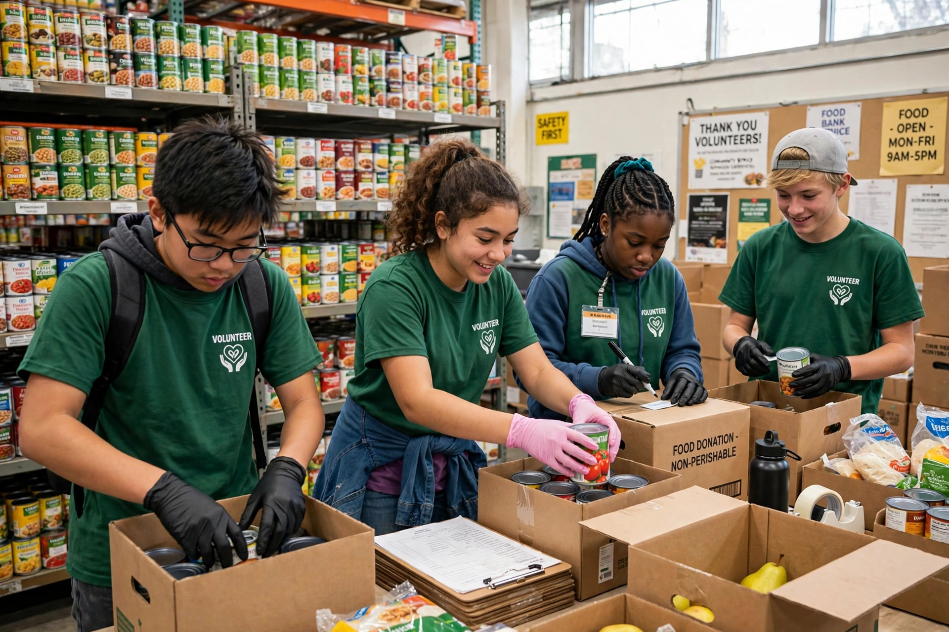 Student volunteers packing food boxes at a food bank